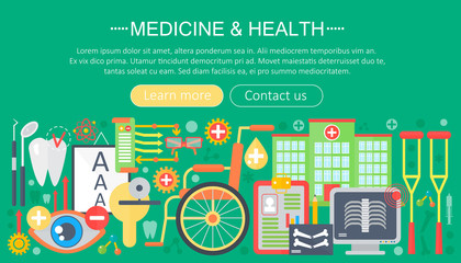 Poster - Medicine and health design concept set with healthcare medicine devices infographics template design, web header elements, poster banner. Vector illustration.