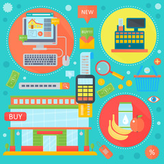Poster - Online shopping, mobile marketing and digital marketing infographics template icons in circles design, web header E-commerce icons. Vector illustration.