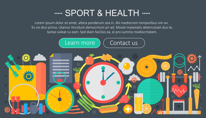 Wall Mural - Healthy lifestyle concept with food and sport icons. Sport and fitness flat concept infographics header template design. Vector illustration.