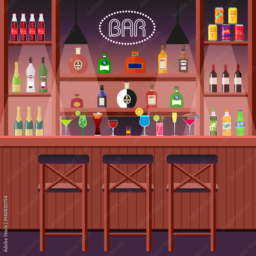 Bar, pub or night club. Bar counter with alcoholic beverages. The ...