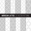 Moroccan Lattice Patterns in White and Silver Grey. Modern Elegant Neutral Backgrounds. Classic Quatrefoil Trellis Ornament. Vector Pattern Tile Swatches Included.