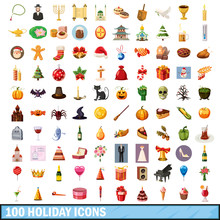 100 Holiday  Icons Set, Cartoon Style