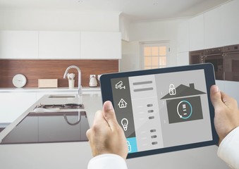 Poster - Man holding a digital tablet with home security concept