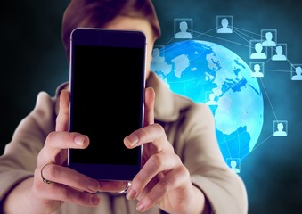 Poster - Woman holding mobile phone against networking icons