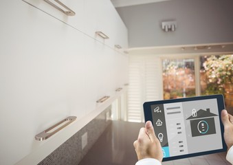 Poster - Hands holding digital tablet with home security icons