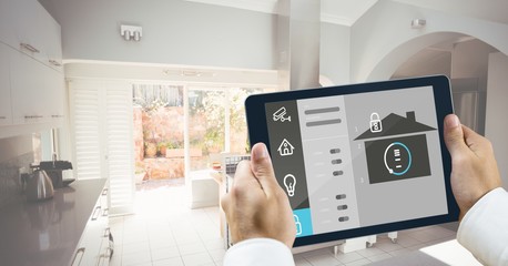 Poster - Hands holding digital tablet with home security icons