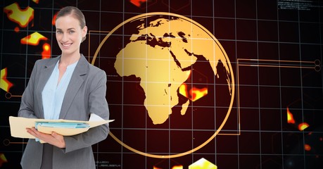 Poster - Businesswoman holding files against word map
