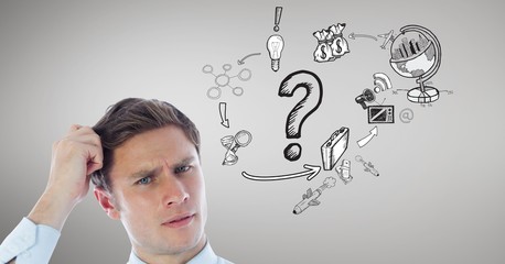 Poster - Confused man with various graphic icons in background