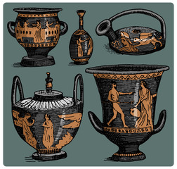 ancient Greece, antique amphora set, vase with life scenes vintage, engraved hand drawn in sketch or wood cut style, old looking retro