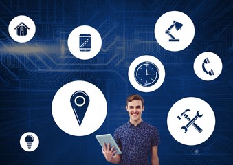 Poster - Man using digital tablet against application icons in background