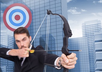 Poster - Businessman aiming at target with bow and arrow