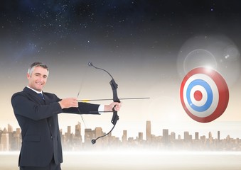 Poster - Businessman aiming at target with bow and arrow
