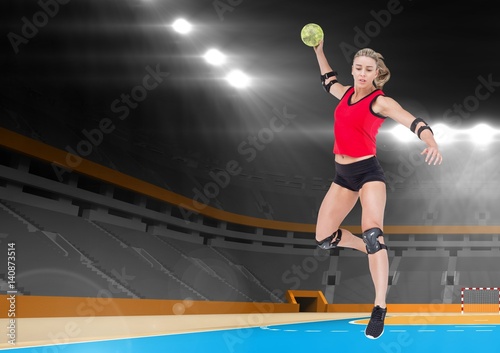 Plakat Żeńska atleta bawić się handball w stadium