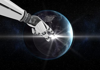 Poster - Robot hand touching globe against black background