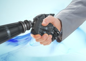 Wall Mural - Business man shaking hands with robot 