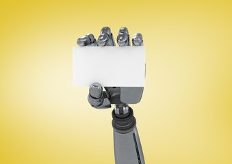 Poster - Robot hand holding a blank card against yellow background