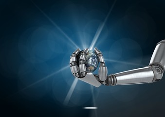 Poster - Robot hand holding globe against blue background