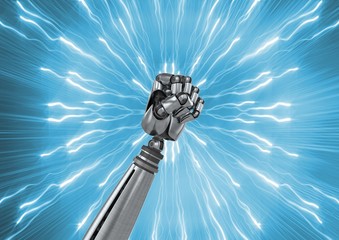 Poster - Robot fist with sparks against blue background