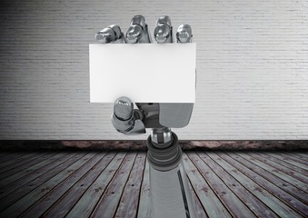 Poster - robot hand holding a blank card in front of brick wall