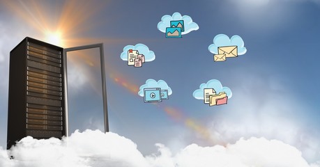 Poster - Conceptual image showing servers and cloud computing against sky