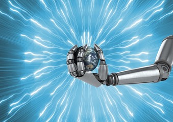 Poster - Robot holding globe with sparks against blue background