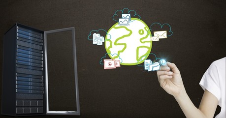 Poster - Hand with networking icons and server against  black background