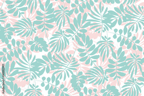 pale color tropical leaves seamless pattern in simple flat style. surface des...