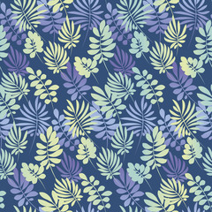  tropical leaves seamless pattern in simple flat style. surface design vector illustration for print, wrapping paper, fabric, background.