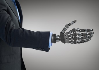 Poster - Business man with robot hand against grey background
