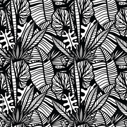 Obraz w ramie Black and white tropical pattern with exotic plants. Seamless vector tropical pattern with leaves.