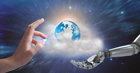 Poster - Human and robotic hand gesturing against globe in background