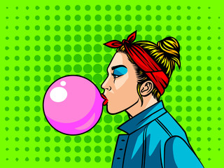 Teenage girl in 90s style. Young woman with bubble gum over halftone background. Face of girl from 90s in profile