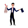 Magician, illusionist conjuring rabbit out of hat, artist performer, cartoon vector illustration isolated on white background. Magician in black suit with hat and rabbit, circus performance