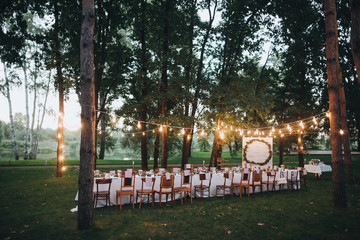 Wall Mural - Festive table served dishes and decorated with branches of greenery, stands on green grass in the area of wedding party