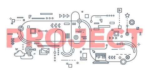 vector creative illustration of project word lettering typography with line icons on white backgroun
