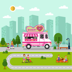 Wall Mural - Flat design vector illustration of City landscape with bakery car. Mobile retro vintage shop truck icon with signboard with big donut in heart shape. Men and woman have a picnic in park