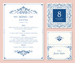 Ornate classic templates set in vintage style. Wedding menu, table number and name place card design. Vector illustration.
