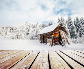 Canvas Print - winter mountains landscape with a snowy forest and  wooden hut