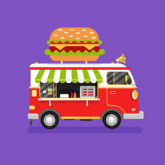 Wall Mural - Flat design vector illustration of cartoon fast food car. Mobile retro vintage shop truck icon with signboard with big tasty hamburger. Van side view, isolated