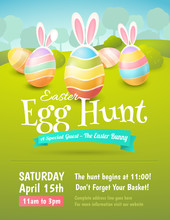 Vector Cute Poster For Easter Egg Hunt With Colored Eggs And Ears Of A Rabbit. Cartoon Spring Scene With Trees And Bushes In Field. For Holiday Flyers And Banners Design.