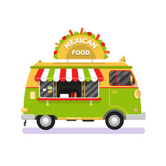 Wall Mural - Flat design vector illustration of cartoon traditional Mexican food van. Mobile retro vintage shop truck icon with signboard with big tasty tacos. Car side view, isolated on white background.