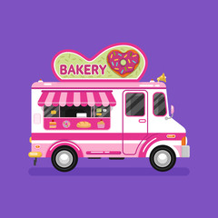 Wall Mural - Flat design vector illustration of bakery van. Mobile retro vintage shop truck icon with signboard with donut in heart shape with glaze. Car side view, isolated