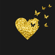 Butterflies fly from gold heart with glitter on black background. Vector illustration 