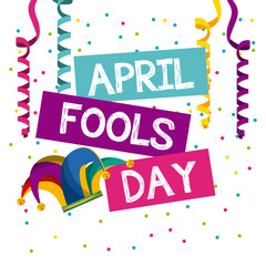 Sticker - april fools day card with jester hat icon over white background. colorful desing. vector illustration