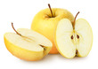Isolated apples. Whole yellow (golden) apple fruit with half isolated on white, with clipping path