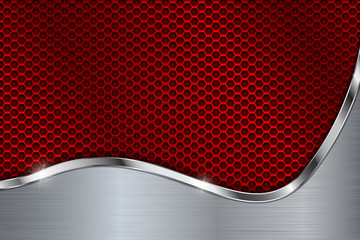 Wall Mural - Red metal perforated background with chrome curve element. Hexagon shape holes