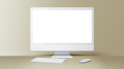 Desktop with blank white computer screen. Mock up