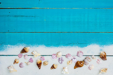 Wall Mural - Teal blue beach sign with seashell and sand border