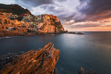 Italy, Liguria, La Spezia District, Cinque Terre - Manarola At Sunset