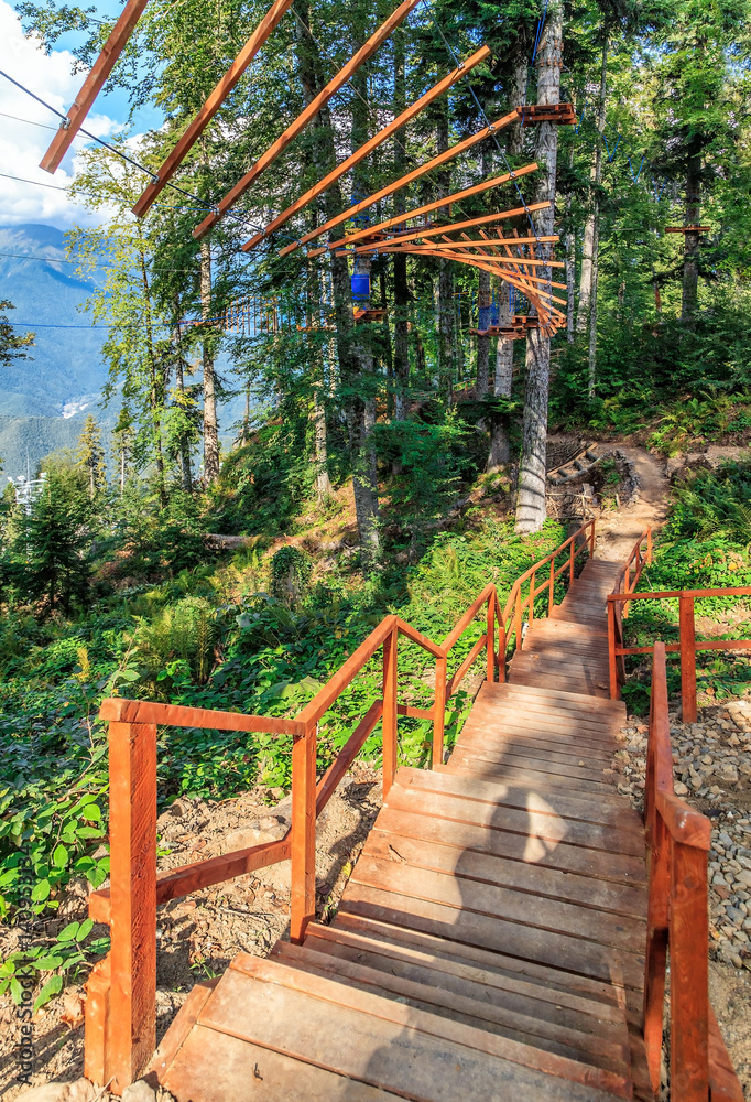 Rope adventure park in summer forest of Caucasus Mountains. Wooden ...